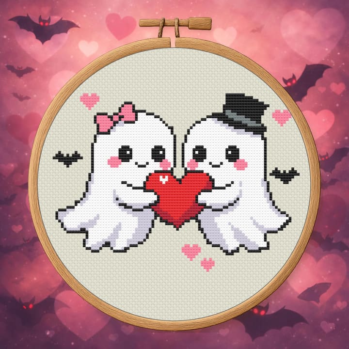 Love Never Dies – Spooky Valentine Ghosts cross-stitch pattern preview