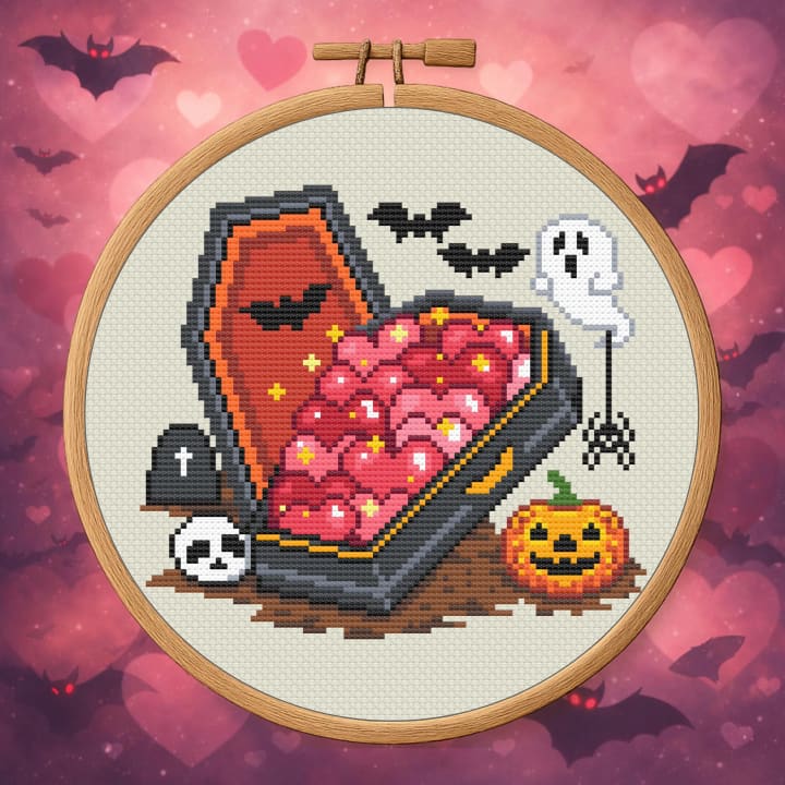 Love You to Death – Spooky Valentine Coffin cross-stitch pattern preview
