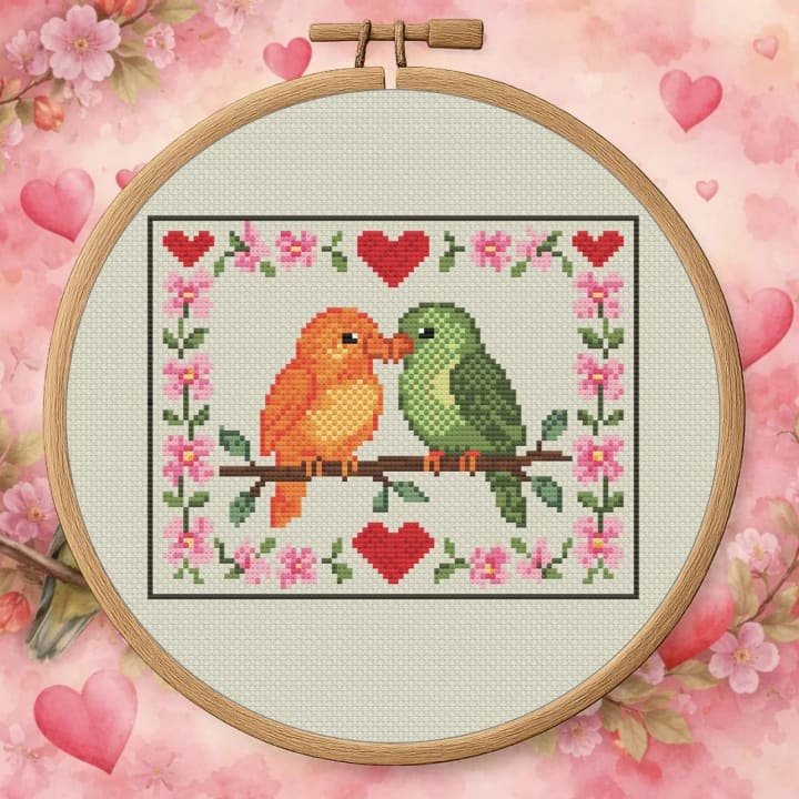 Lovebirds in Bloom – Romantic Birds & Blossoms cross-stitch pattern preview