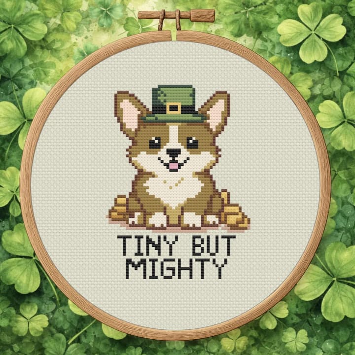 Lucky Little Corgi – Tiny But Mighty St. Patrick’s Day cross-stitch pattern preview