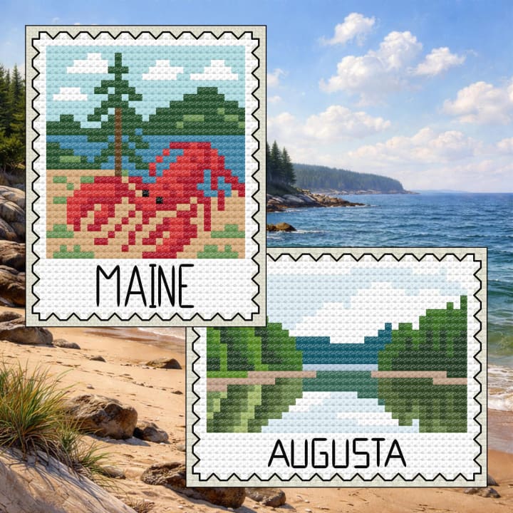 Maine Bundle: Maine Lobster Coast + Augusta River Stamp Set cross-stitch pattern preview
