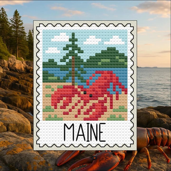Maine Lobster Love – US State Postage Stamp Series cross-stitch pattern preview