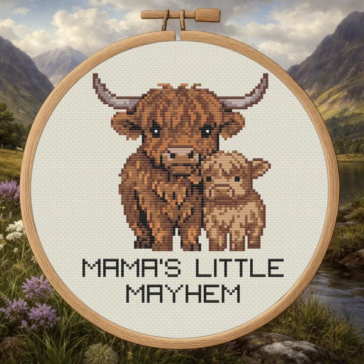 Mama’s Little Mayhem – Highland Cow & Calf cross-stitch pattern preview