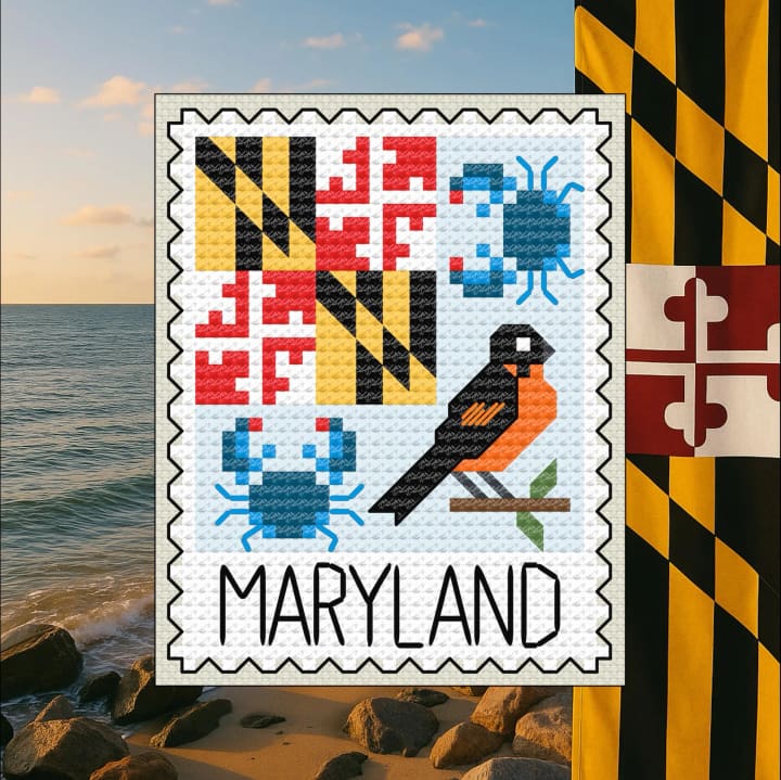 Maryland: Blue Crab, Oriole, State Flag cross-stitch pattern preview
