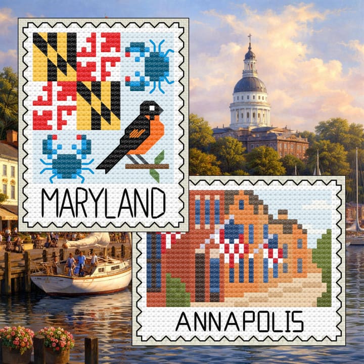 Maryland Cross Stitch Bundle: Blue Crab & Flag Stamp + Annapolis Flag Stamp cross-stitch pattern preview