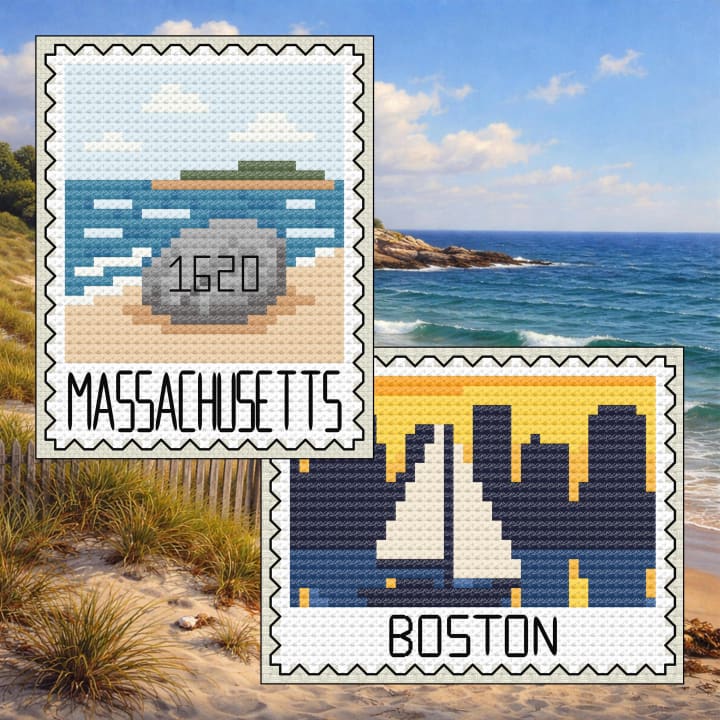 Massachusetts Bundle: Plymouth Rock 1620 + Boston Harbor Stamp Set cross-stitch pattern preview