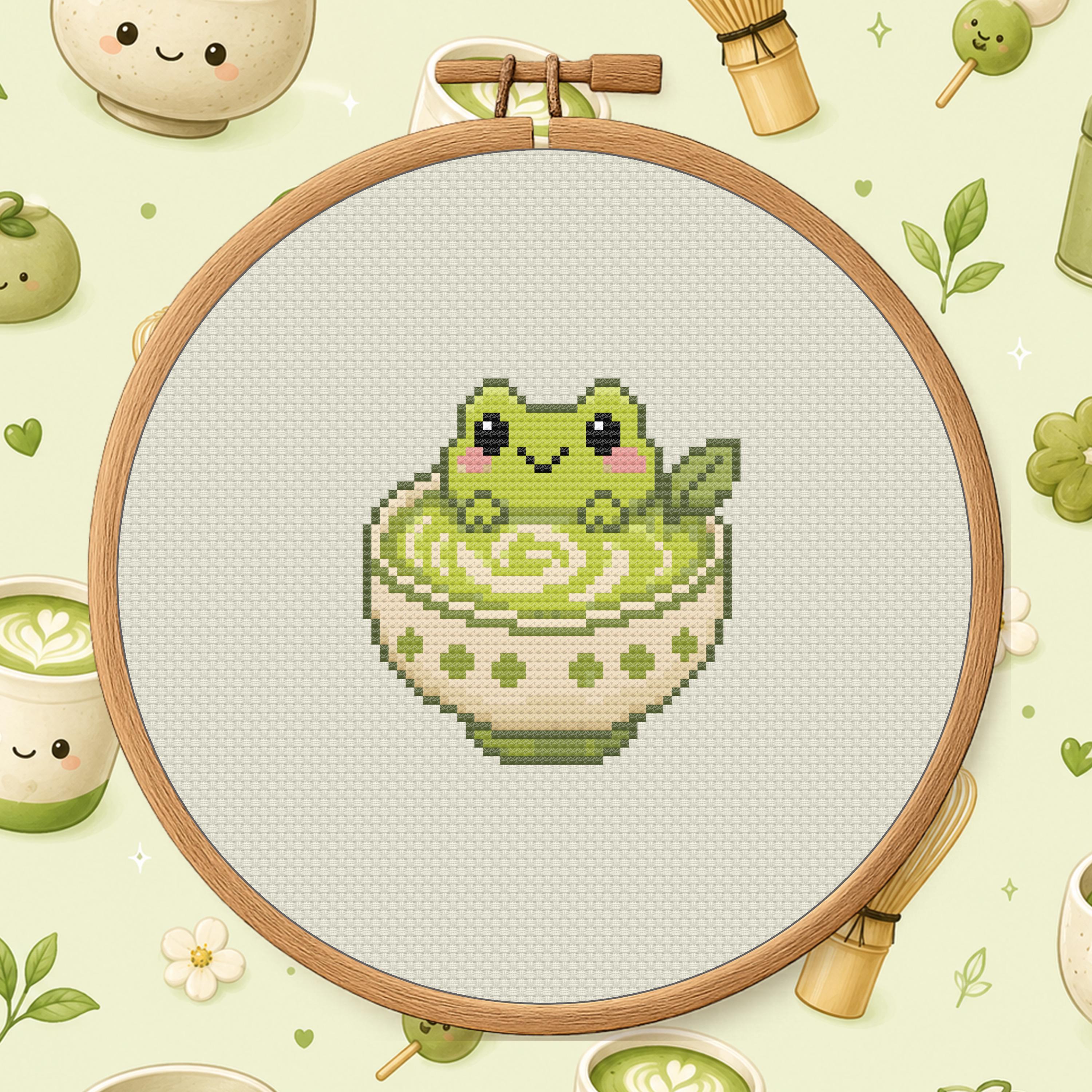 Matcha Frog Cross Stitch Pattern PDF - Cute Food Animal Mini cross-stitch pattern preview