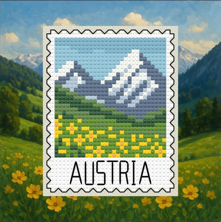 Meadows in Bloom – Austria – European Postage Stamp Series cross-stitch pattern preview