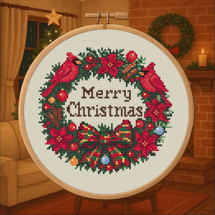 Merry Christmas Wreath – Festive Holiday Wreath cross-stitch pattern preview