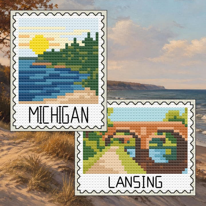 Michigan Bundle: Michigan Lakes Stamp, Lansing Bridge cross-stitch pattern preview
