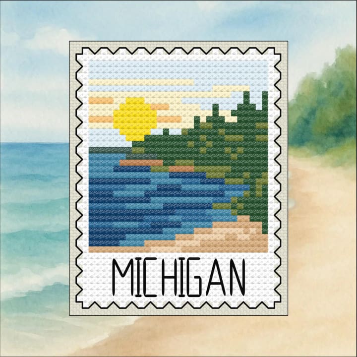 Michigan Postage Stamp – Great Lakes, US State cross-stitch pattern preview