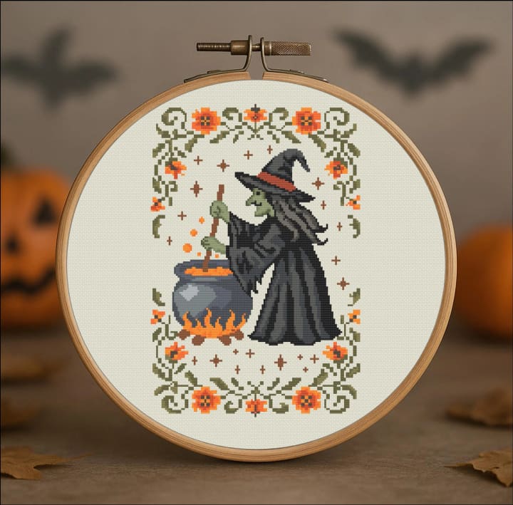 Midnight Brew – Witch – Halloween cross-stitch pattern preview