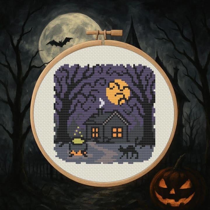 Midnight Cottage – Halloween cross-stitch pattern preview
