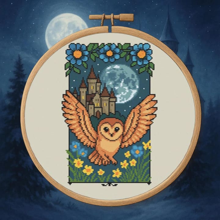 Midnight Flight & Stitches - Barn Owl cross-stitch pattern preview