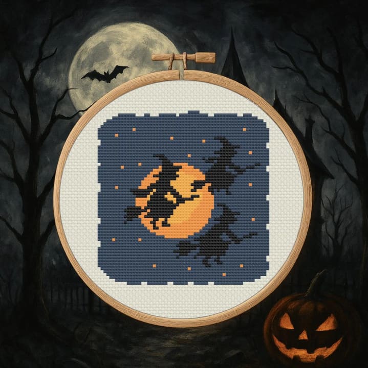 Midnight Flight – Witches & Full Moon – Halloween cross-stitch pattern preview