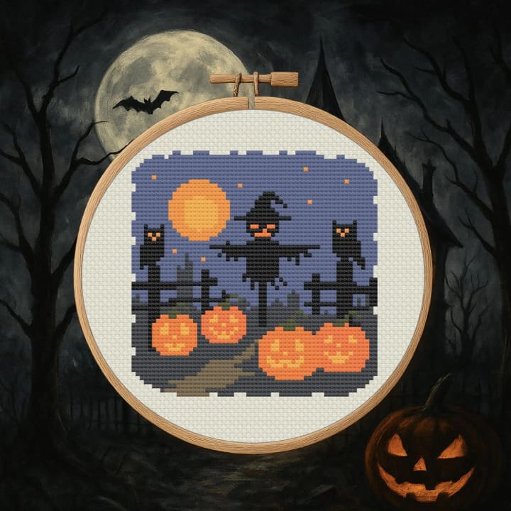 Midnight Harvest – Pumpkin Patch & Scarecrow – Halloween cross-stitch pattern preview