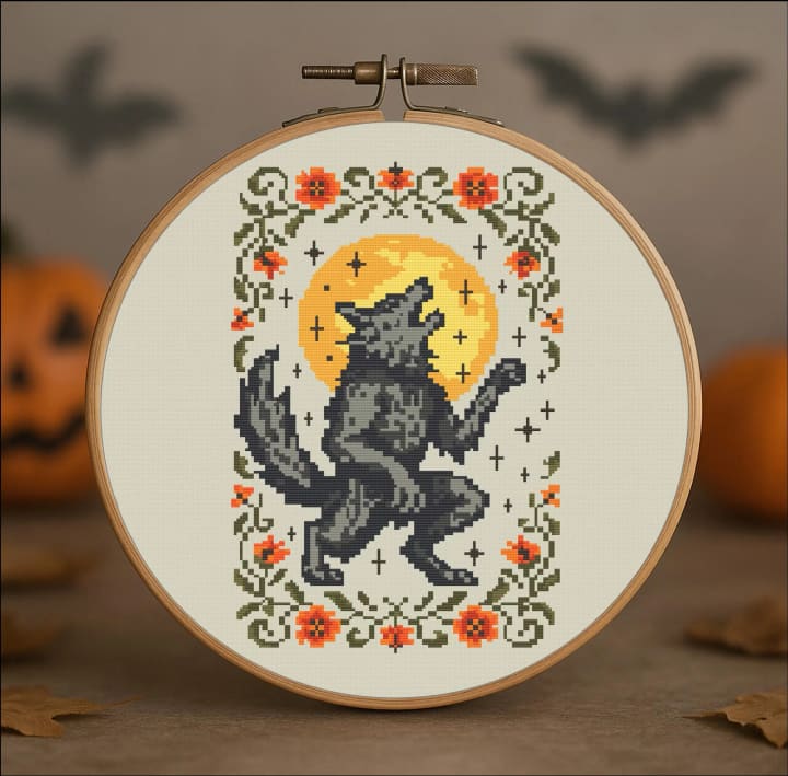 Midnight Howl – Werewolf – Halloween cross-stitch pattern preview
