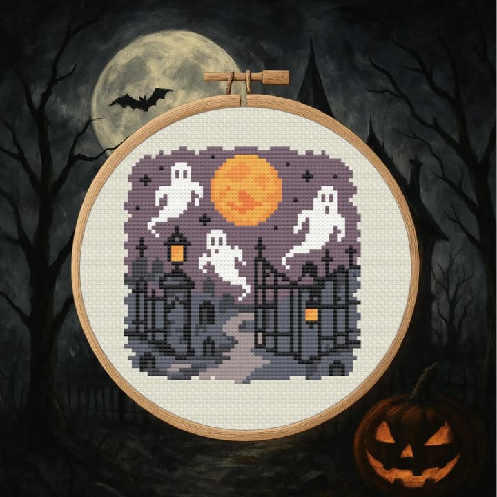Midnight Stroll – Haunted Graveyard – Halloween cross-stitch pattern preview