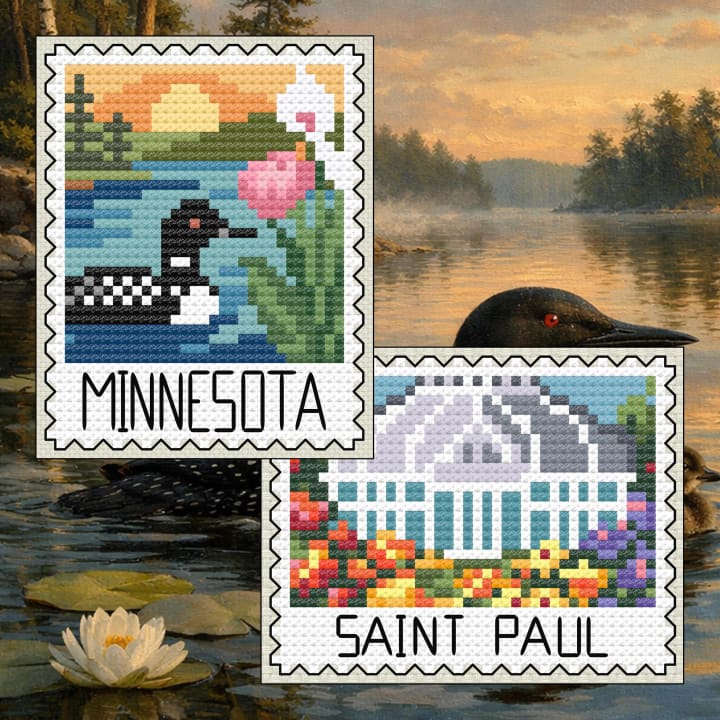Minnesota: Northwoods Lake & Capitol Garden Stamps cross-stitch pattern preview