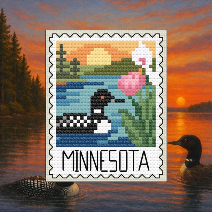 Minnesota: Northwoods Lake Scene cross-stitch pattern preview