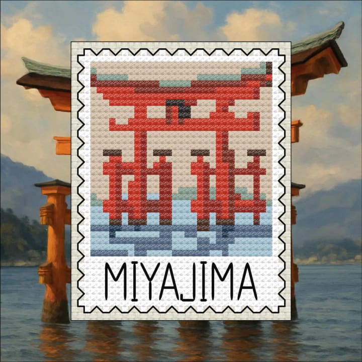 Miyajima Torii Gate: Japanese Stamp cross-stitch pattern preview