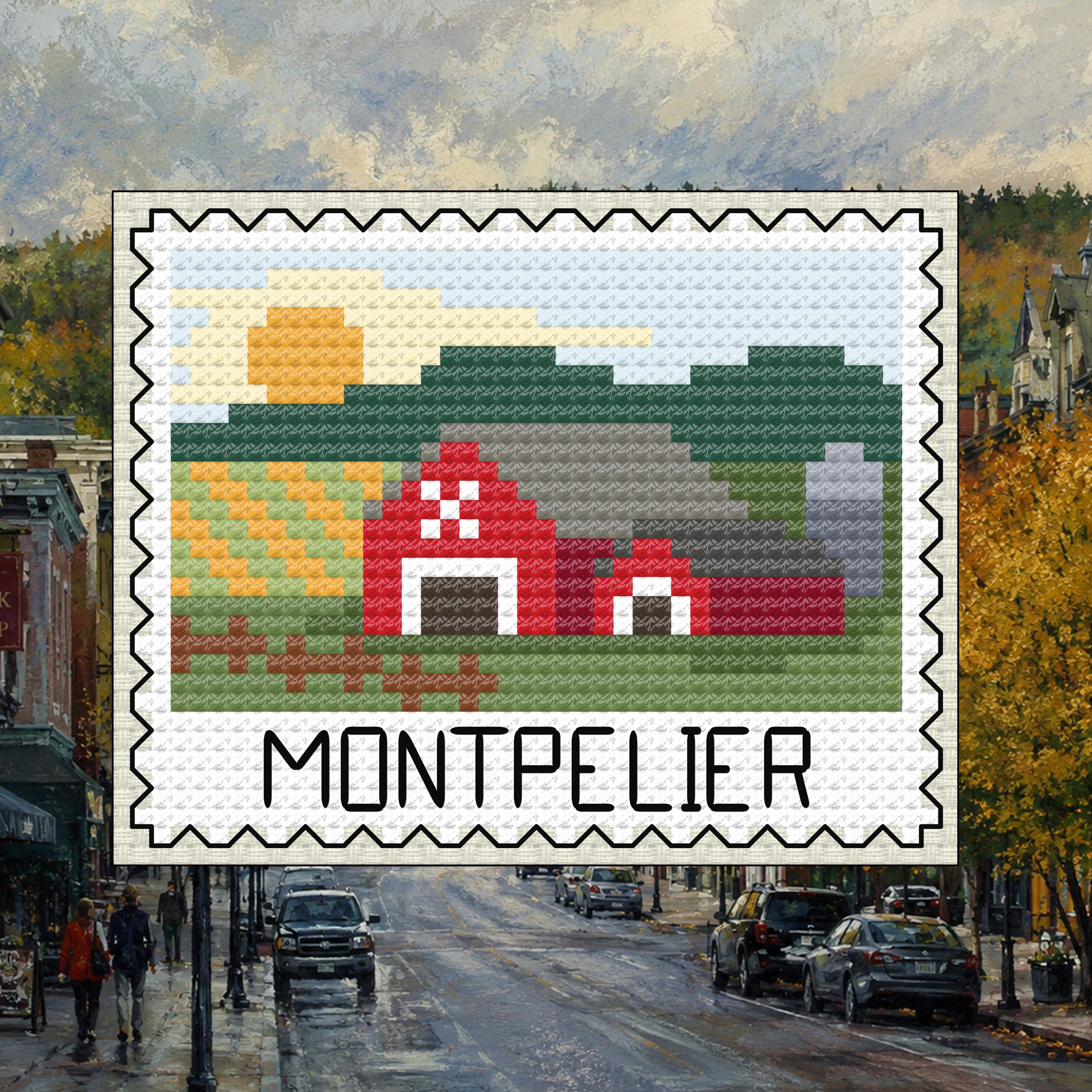 Montpelier Stamp - Vermont Farm Landscape cross-stitch pattern preview