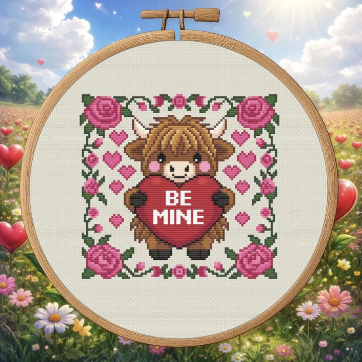 Moo Are My Valentine – Cute Cow Valentine’s Day cross-stitch pattern preview