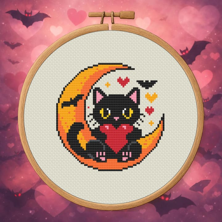Moonlit Familiar – Black Cat Crescent Moon cross-stitch pattern preview