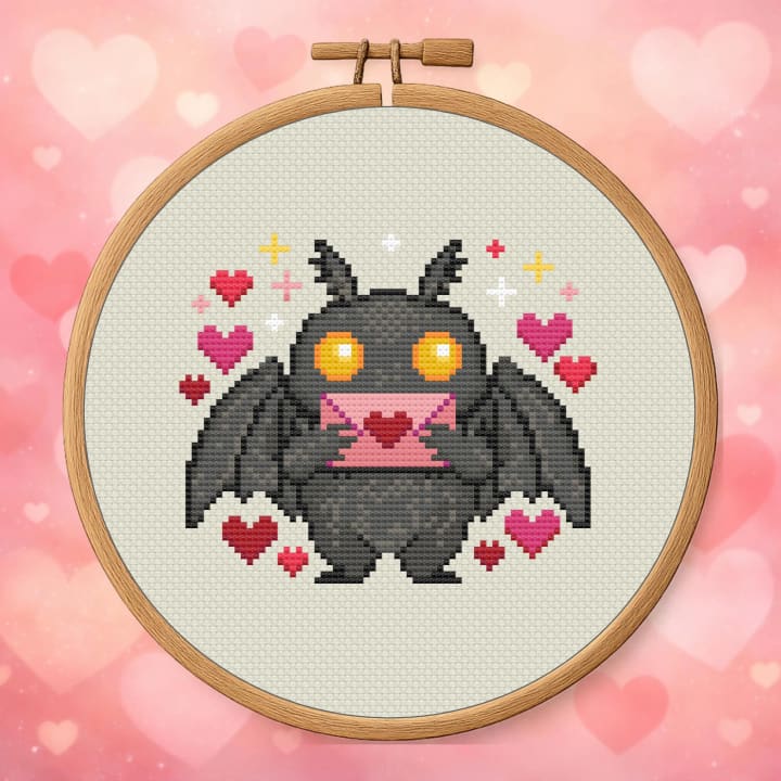 Mothman, Be Mine – Valentine Cryptid cross-stitch pattern preview