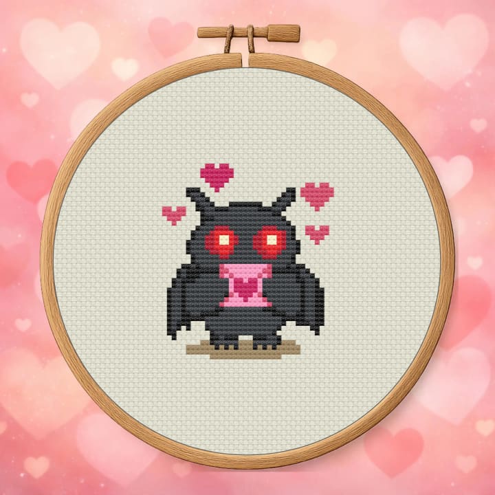 Mothman Devotion – Cute Cryptid Valentine cross-stitch pattern preview