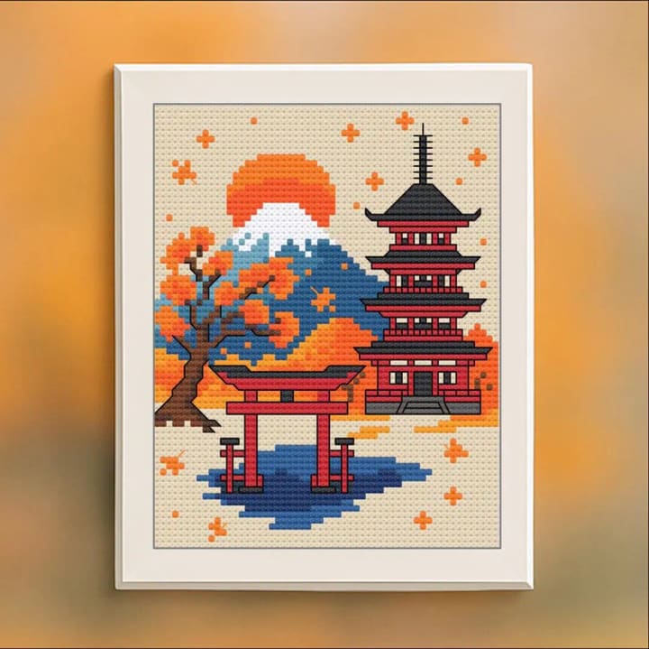 Mt. Fuji in Autumn – Japan cross-stitch pattern preview