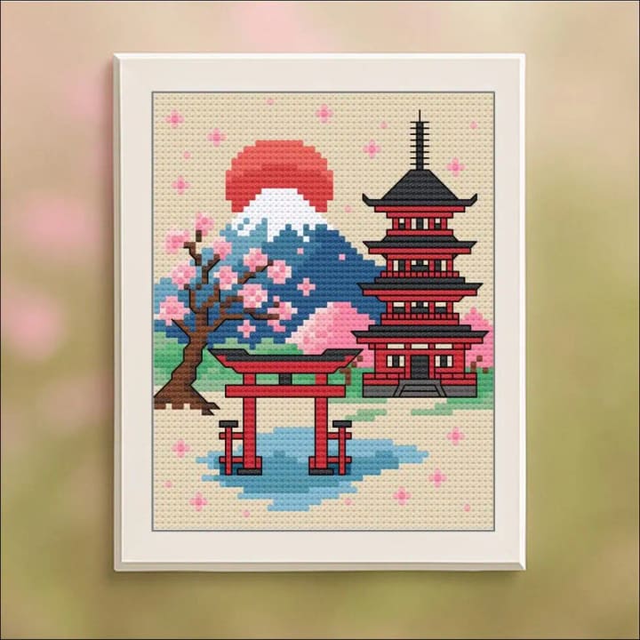 Mt. Fuji in Spring – Japan cross-stitch pattern preview