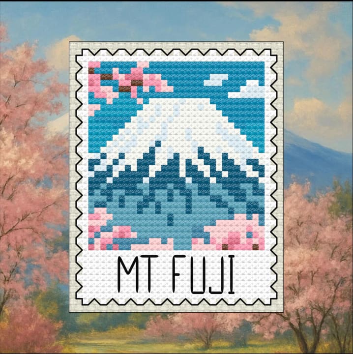 Mt. Fuji Stamp Cross Stitch Pattern: Cherry Blossoms & Snow‑Capped Peak cross-stitch pattern preview