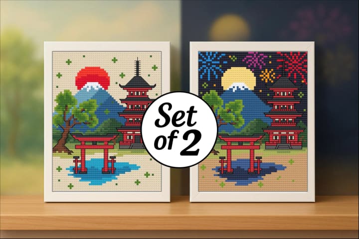 Mt. Fuji Summer Bundle: Day & Night Pixel Art ( Set) cross-stitch pattern preview