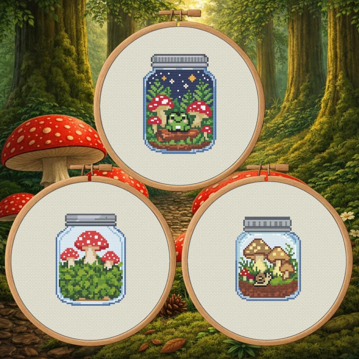 Mushroom Jar Trio Bundle – 3 Woodlands cross-stitch pattern preview