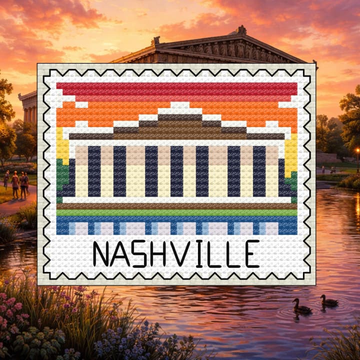 Nashville Parthenon Sunset Stamp - Tennessee cross-stitch pattern preview