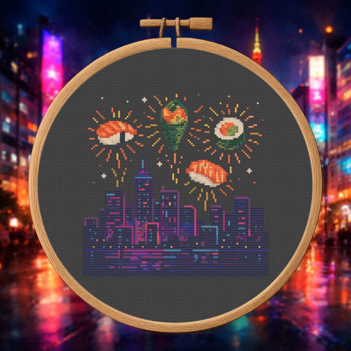 Neon Nights & Sushi Bites – Sushi Fireworks Cityscape cross-stitch pattern preview