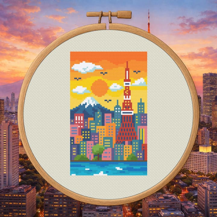 Neon Tokyo Nights – Tokyo Tower & Mt. Fuji cross-stitch pattern preview