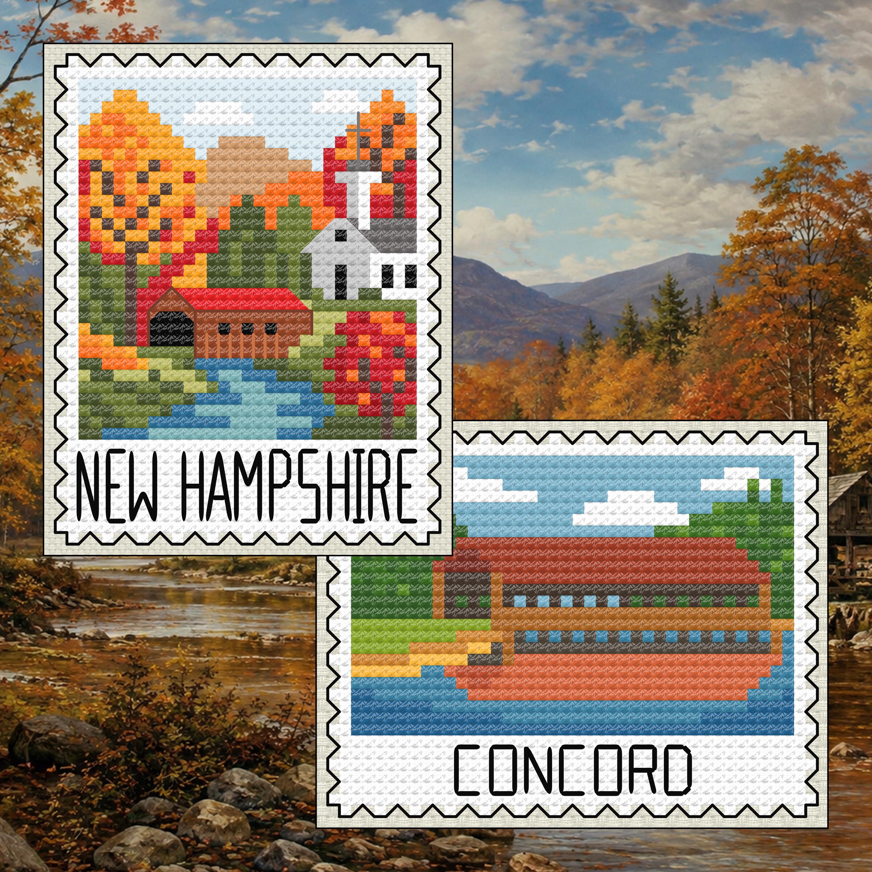New Hampshire Cross Stitch Pattern Bundle: New Hampshire Covered Bridge Stamp + Concord Covered Bridge Set cross-stitch pattern preview