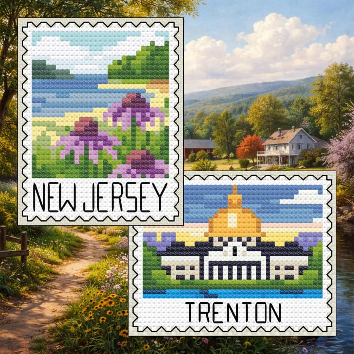 New Jersey Stamp Duo – Echinacea + Trenton Statehouse Bundle cross-stitch pattern preview