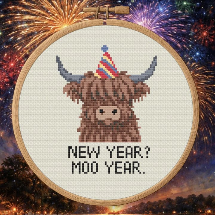New Year? Moo Year – Funny Highland Cow cross-stitch pattern preview