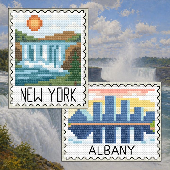 New York Bundle: New York Waterfall Landscape Stamp + Albany River Skyline Set cross-stitch pattern preview