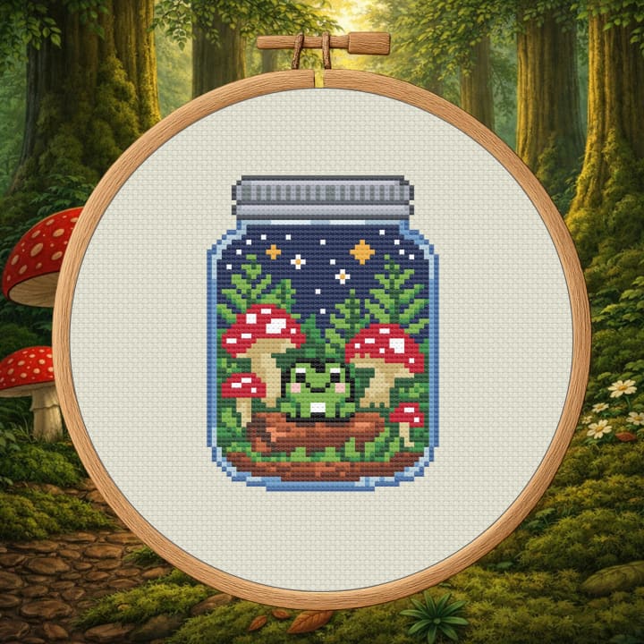 Night Mushroom Jar – Frog & Mushrooms cross-stitch pattern preview