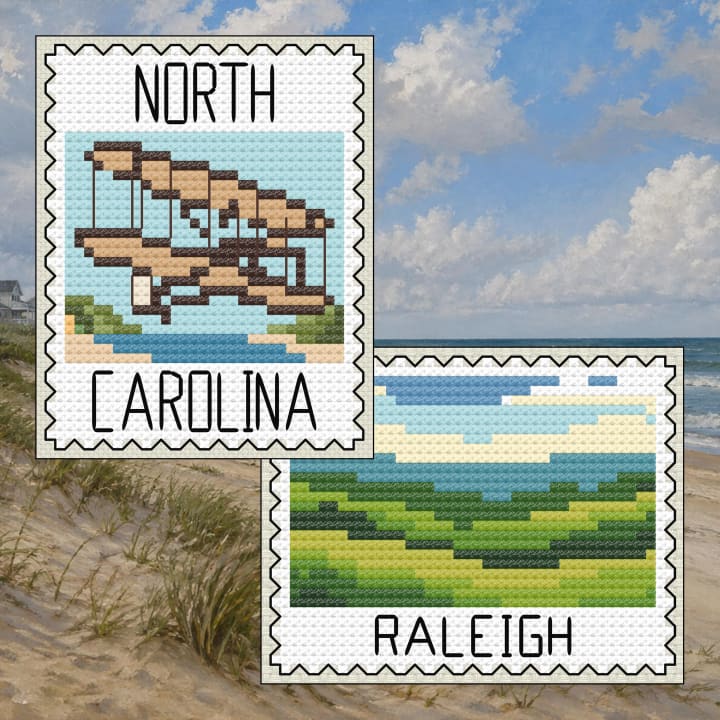 North Carolina Bundle: North Carolina Wright Flyer Stamp + Raleigh Rolling Hills Set cross-stitch pattern preview
