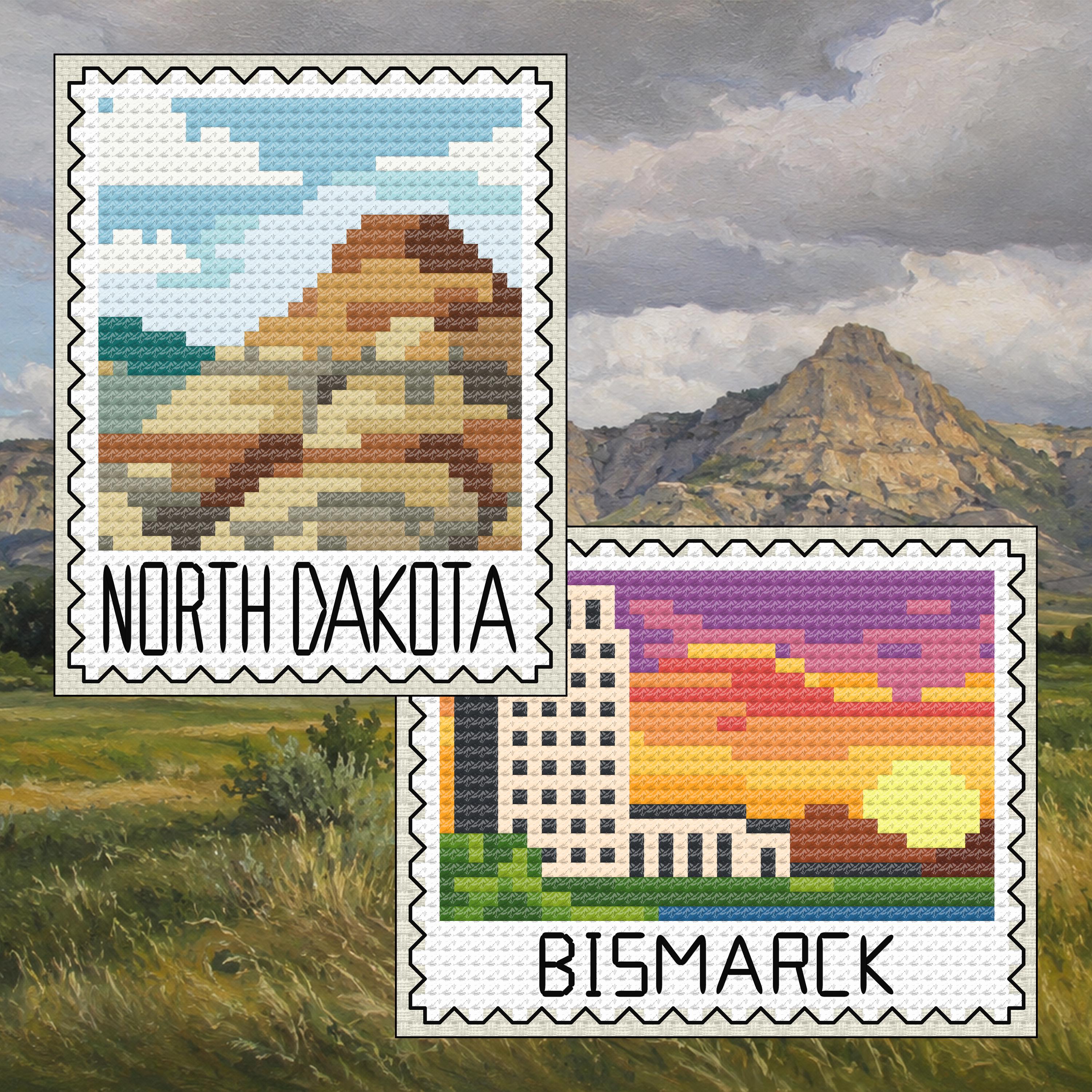 North Dakota Cross Stitch Pattern Bundle: North Dakota Badlands Stamp + Bismarck Sunset Landmark Set cross-stitch pattern preview