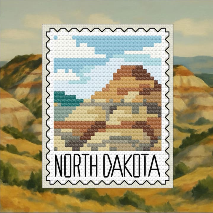 North Dakota: Painted Canyon US State Stamp cross-stitch pattern preview