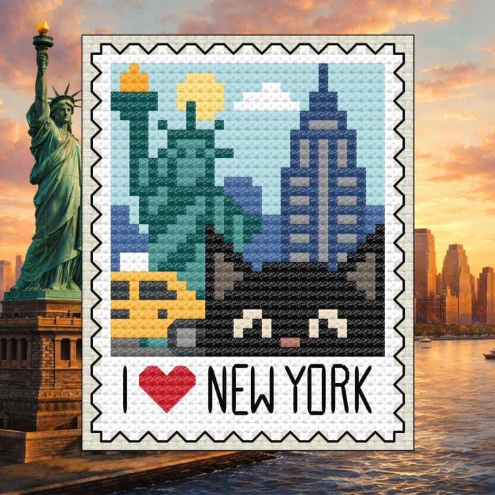 NYC Black Cat: Big Apple Stamp Art cross-stitch pattern preview
