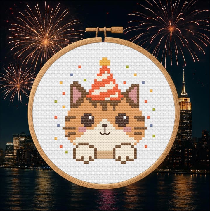 NYE Cat – New Year’s Eve cross-stitch pattern preview