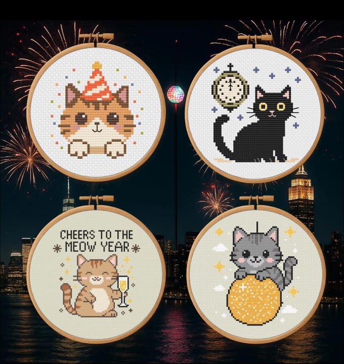 NYE Party Cats Bundle: Feline New Year Designs cross-stitch pattern preview