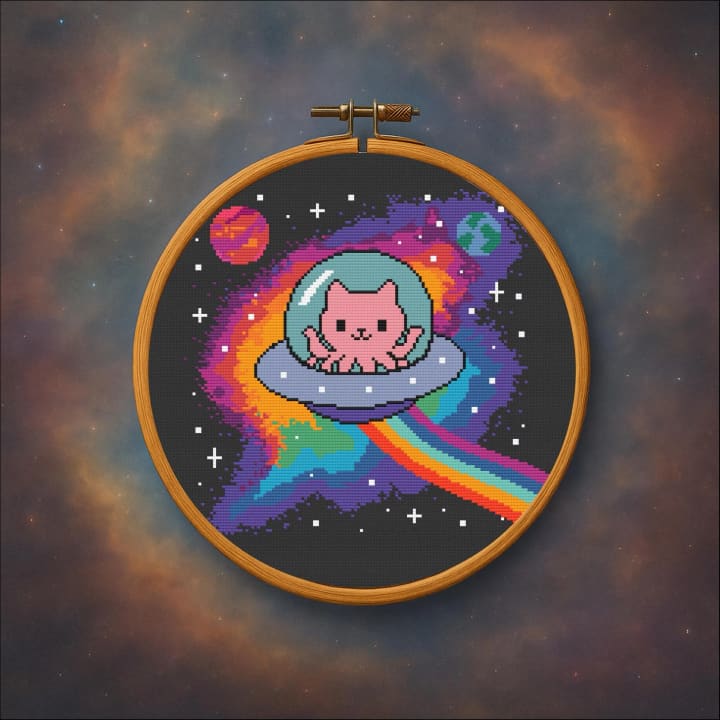 Octopus Cat UFO – Space cross-stitch pattern preview